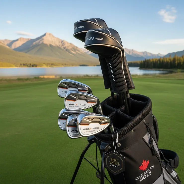 A premium set of golf irons in a bag overlooking a scenic Canadian mountain course, representing the best iron sets under 600 CAD for value-seeking players.