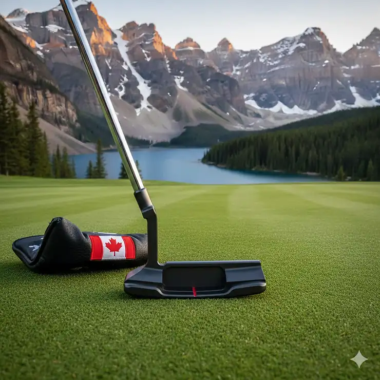 A premium mallet putter resting on a manicured green with a scenic Canadian mountain backdrop, perfect for golfers looking for the best mallet putters in Canada. mallet putters Canada
