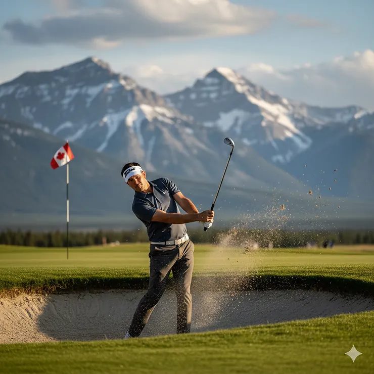 A golfer using a high-performance sand wedge to hit a bunker shot at a scenic mountain golf course in Alberta, Canada. sand wedges Canada