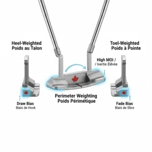 Infographic showing heel-toe weighting in blade putters to explain forgiveness and MOI.