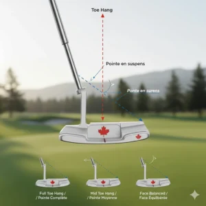 Technical diagram of blade putter toe hang physics for Canadian golfers looking to improve their stroke.