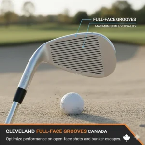 Diagram of Cleveland Full-Face grooves for maximum versatility and spin on open-face shots in Canadian bunkers.
