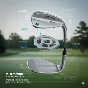 Technical illustration of Cleveland ZipCore technology for improved MOI and control for Canadian golfers.