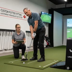 A professional mallet putter fitting session at a Canadian golf indoor facility or pro shop.