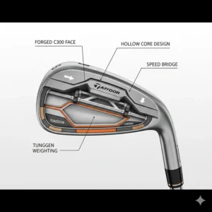 Technical diagram showing the hollow-body construction of modern distance irons for increased ball speed.