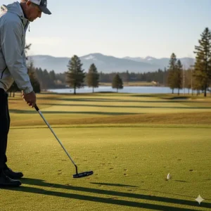 A golfer using a high-performance mallet putter during an early spring round in a Canadian provincial park setting.