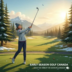 Illustration of a golfer in a light jacket using forgiving irons during a crisp Canadian spring morning.