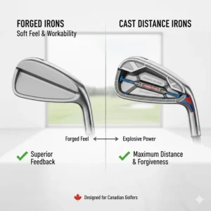 Cross-section illustration comparing forged feel with the explosive power of cast distance irons.