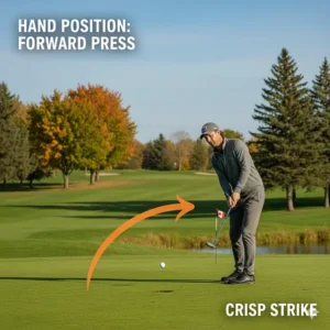 Close-up illustration of hands pressed forward ahead of the clubhead to ensure a crisp strike with a pitching wedge for chipping.