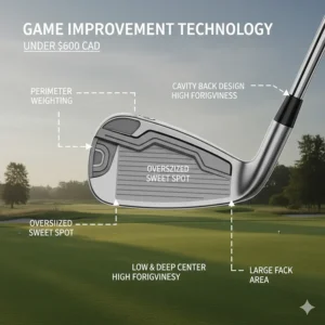Illustration showing the perimeter weighting of a game improvement iron set priced under 600 dollars.
