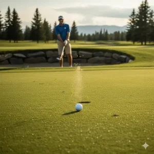 A golf ball landing softly on a green after being hit with a high bounce wedge from a greenside bunker.