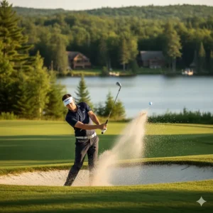 A golfer practicing sand saves with a professional wedge at a lakeside course in Muskoka, Ontario.