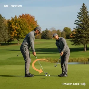 Technical diagram showing the ball positioned toward the back foot when using a pitching wedge for chipping on firm turf.