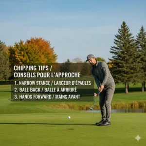 Bilingual infographic titled Chipping Tips / Conseils pour l'approche featuring key setup steps for a pitching wedge for chipping.