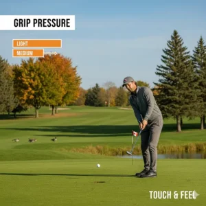 Visual guide showing light-to-medium grip pressure on a pitching wedge, optimized for touch and feel on Canadian greens.