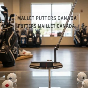 Professional golf gear display featuring "Mallet Putters Canada" and "Putters maillet Canada" signage.