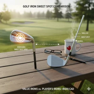 A side-by-side visual of a large sweet spot on value-priced irons versus player's irons.