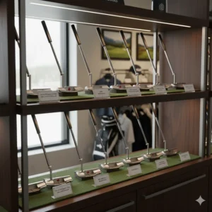 Illustration of a Canadian golf pro shop display featuring top-rated blade putters for the current season.