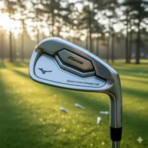 Detailed view of the Grain Flow Forged HD logo on Mizuno irons, preferred by Canadian low-handicappers.
