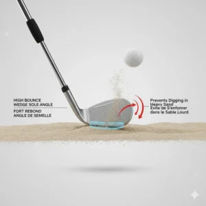 Technical diagram showing the sole angle of high bounce wedges for bunkers to prevent digging in heavy sand.
