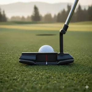 Close-up of mallet putter alignment lines on a green, helping Canadian golfers improve putting accuracy.