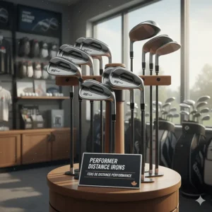 A set of premium distance irons displayed in a Canadian golf pro shop with English and French signage.