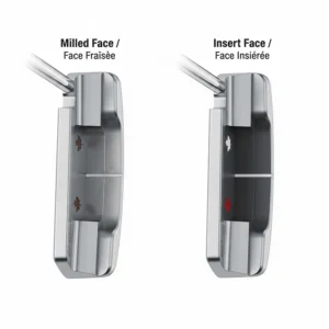 A side-by-side illustration comparing milled steel faces vs. polymer inserts in modern blade putters.