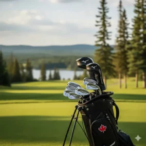 A set of Mizuno irons leaning against a golf bag featuring a subtle Canadian maple leaf emblem.