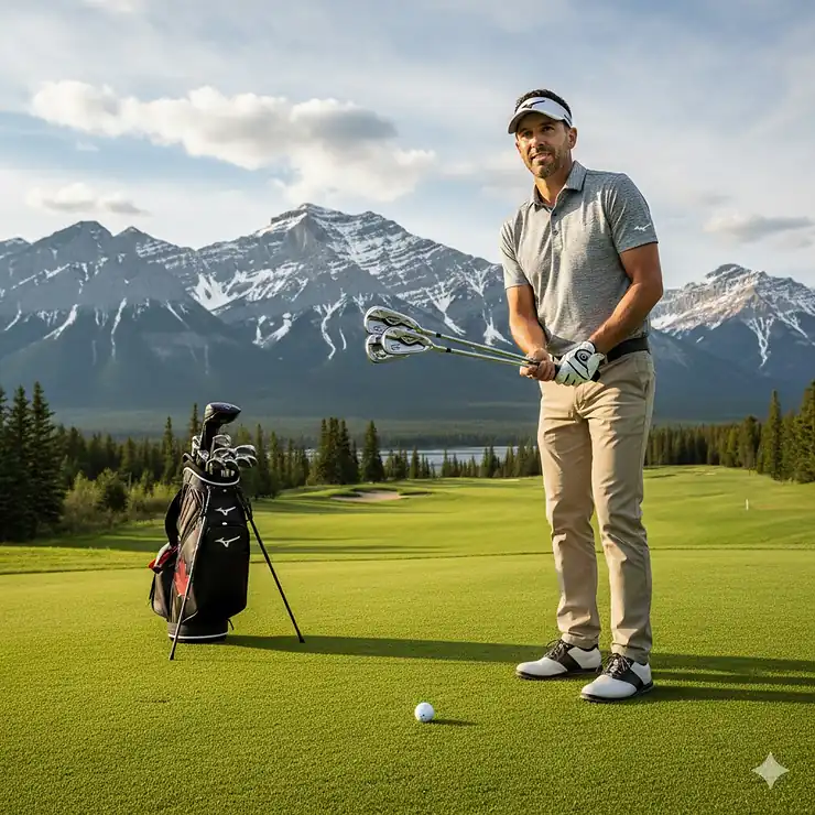 A golfer holding the latest Mizuno irons at a premium Canadian golf course with Rocky Mountain views. Mizuno irons Canada