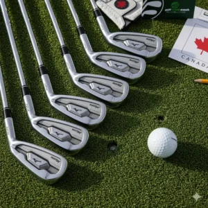 Top-down view of Mizuno JPX irons on a manicured green, perfect for a Canadian gear review.