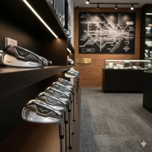 Close-up of Mizuno Pro series irons displayed in a high-end Toronto golf boutique.