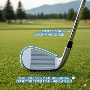 Top-down view of an offset iron head designed to help high handicappers square the face and fix a slice.