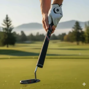 Close-up of a golfer's hands on an oversized mallet putter grip, optimized for the varying weather conditions in Canada.