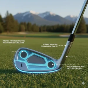 X-ray style illustration showing internal tungsten weighting in irons for maximum stability on off-center hits.