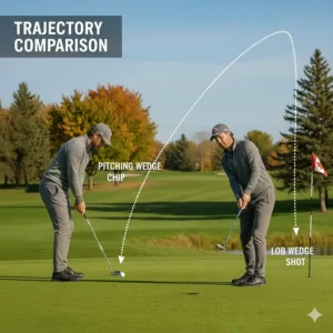 Comparison chart showing the lower, rolling trajectory of a pitching wedge for chipping versus a higher lob wedge shot.