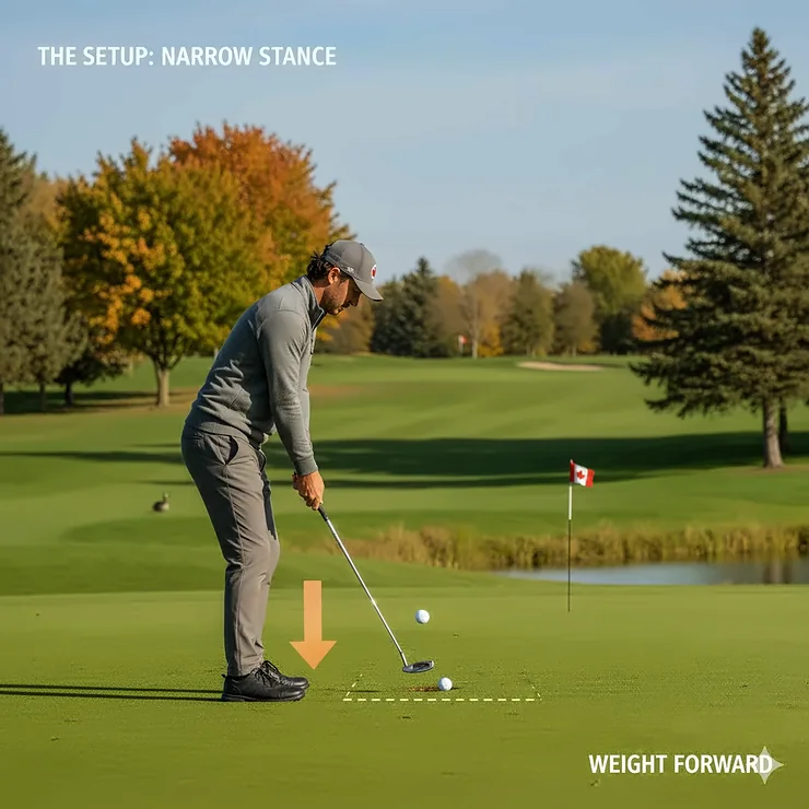 Illustration of the correct narrow stance for a pitching wedge for chipping, showing weight forward for Canadian golfers.