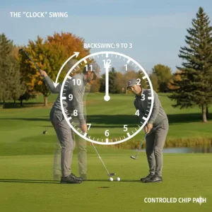 A "clock face" illustration showing the abbreviated backswing and follow-through required for a controlled chip shot with a pitching wedge.