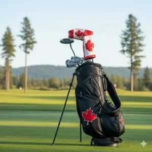 A luxury golf bag containing a high-end mallet putter with a Canadian maple leaf headcover.