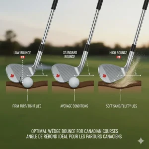 An illustration explaining wedge bounce angles for Canadian golf course conditions, from firm turf to soft sand.