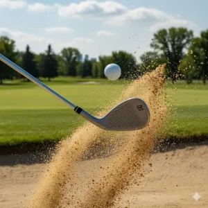 Close-up of a high bounce wedge face making contact with sand during a bunker escape at an Ontario golf club.