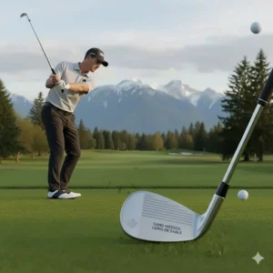Using a sand wedge on a lush, green fairway in British Columbia during the Canadian spring season.