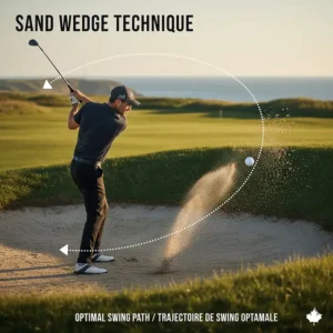 A pro-shot demonstration of the proper sand wedge swing path for escaping deep bunkers common in Canadian links courses.