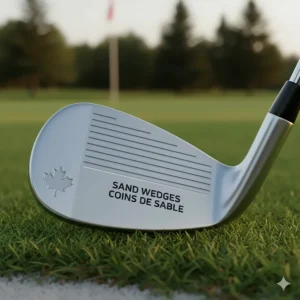 Close-up of a golf wedge with bilingual text: Sand Wedges / Coins de sable for the Canadian market.
