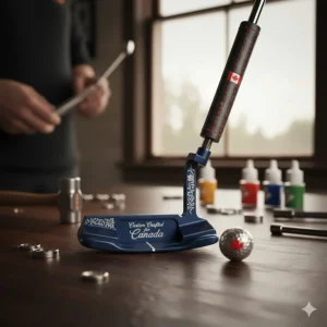 Custom Scotty Cameron putter with maple leaf stamps and specialized grips available for Canadian golf enthusiasts.