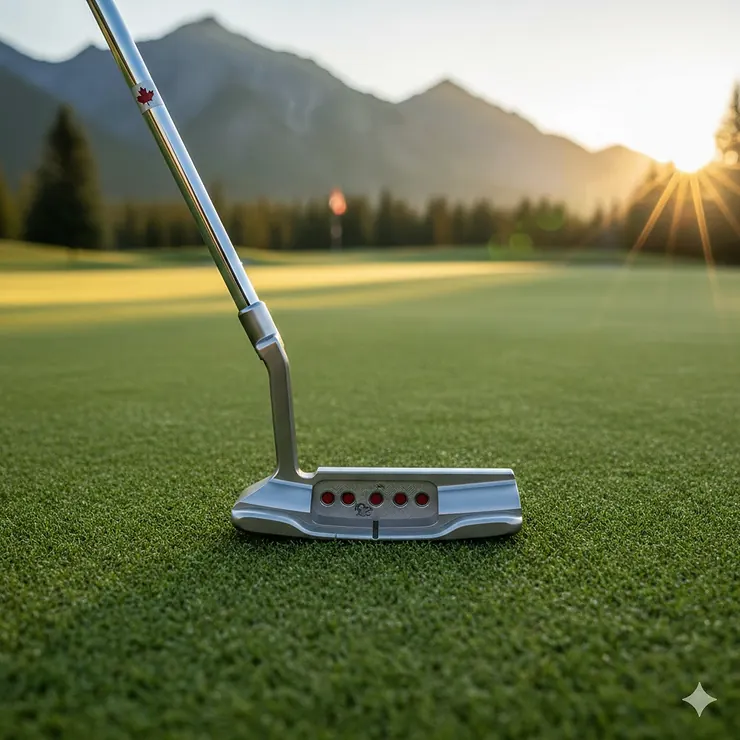 A 2026 Scotty Cameron Phantom 5.5 putter on a Canadian golf green, showcasing the Studio Carbon Steel face for superior feel.