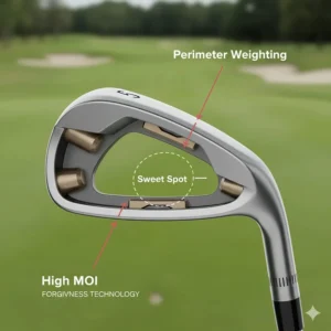 Diagram of perimeter weighting in iron sets for seniors to increase forgiveness on off-center hits.
