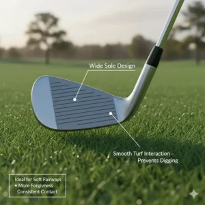 Illustration of a wide-sole iron design to prevent digging on soft Canadian fairway turf.