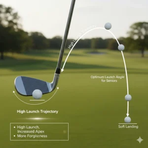 Graphic showing the high-launch trajectory achieved with specialized iron sets for seniors.