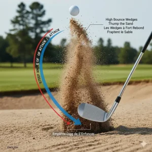 Illustration showing a steep angle of attack and how high bounce wedges for bunkers help thump the sand.