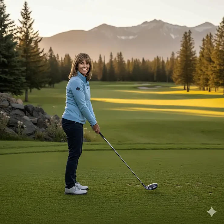 A high handicap golfer using super game improvement irons on a scenic Canadian golf course with rocky outcrops and pine trees. super game improvement irons high handicap